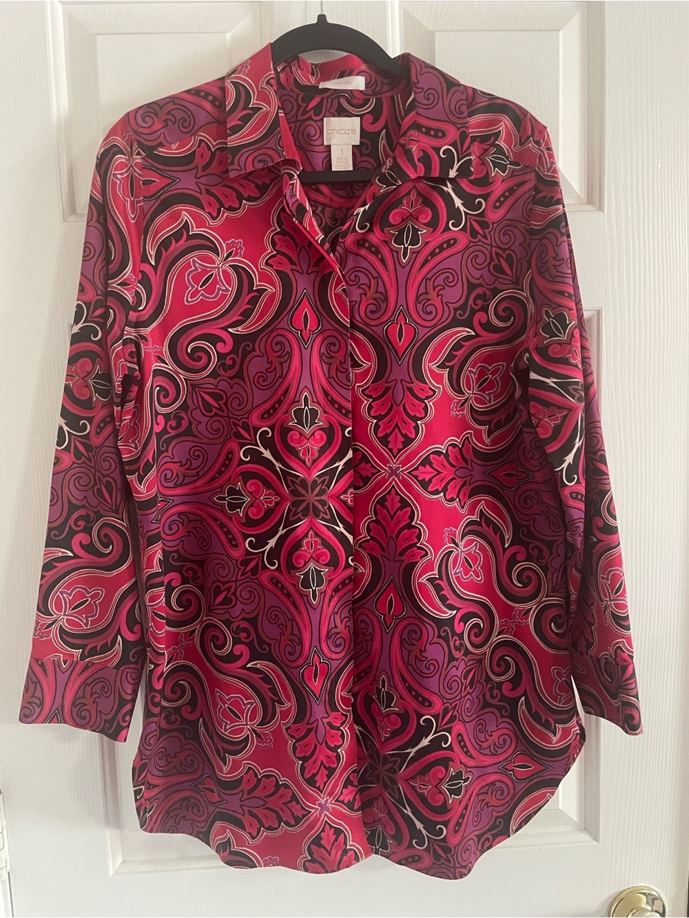 Chico's Fuchsia, Black & Purple Paisley Button-Up Blouse